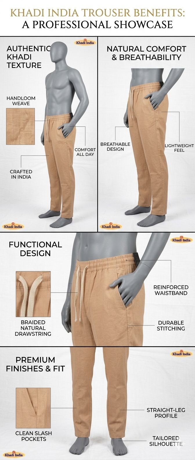 Khadi India Male Trouser Lower – Light Brown - Image 3