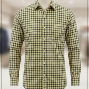 Khadi India Men's Cotton Check Shirt – Cream with Navy Blue & Olive Green Checks