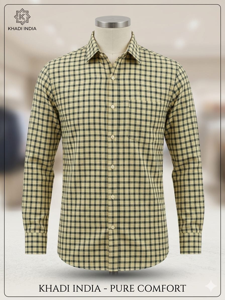 Khadi India Men's Cotton Check Shirt – Cream with Navy Blue & Olive Green Checks
