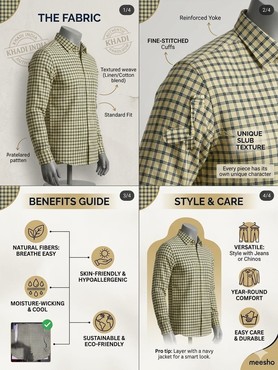 Khadi India Men's Cotton Check Shirt – Cream with Navy Blue & Olive Green Checks - Image 4