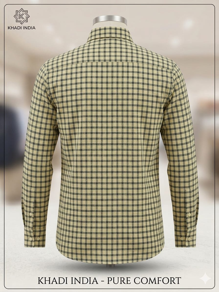 Khadi India Men's Cotton Check Shirt – Cream with Navy Blue & Olive Green Checks - Image 3