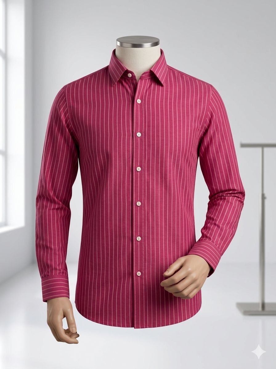 Bhawan Men's Khadi Cotton Shirt – Pink with White Stripes