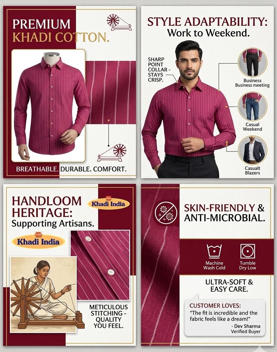 Bhawan Men's Khadi Cotton Shirt – Pink with White Stripes - Image 4