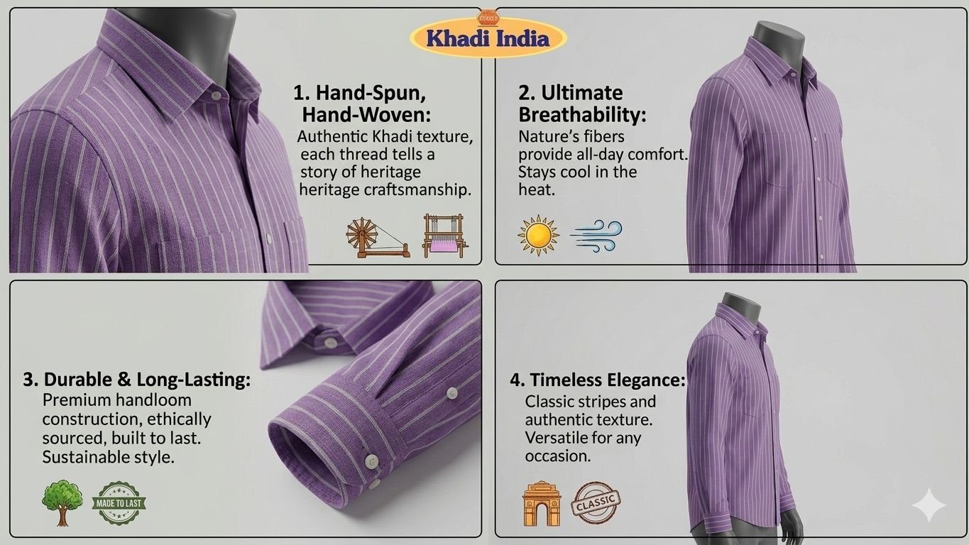 Khadi Cotton Shirt – Bhawan (Purple with White Stripes) - Image 4