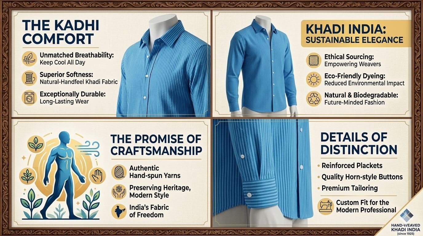 Khadi India Men's Cotton Pinstripe Shirt – Sky Blue with White - Image 4