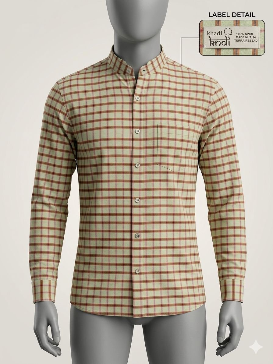 Khadi Bhawan Cotton Checked Shirt – Cream with Maroon & Olive Green Checks