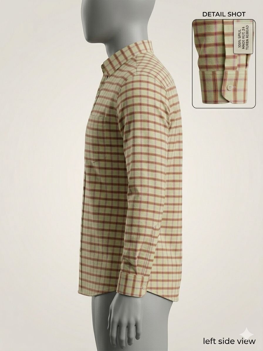 Khadi Bhawan Cotton Checked Shirt – Cream with Maroon & Olive Green Checks - Image 2