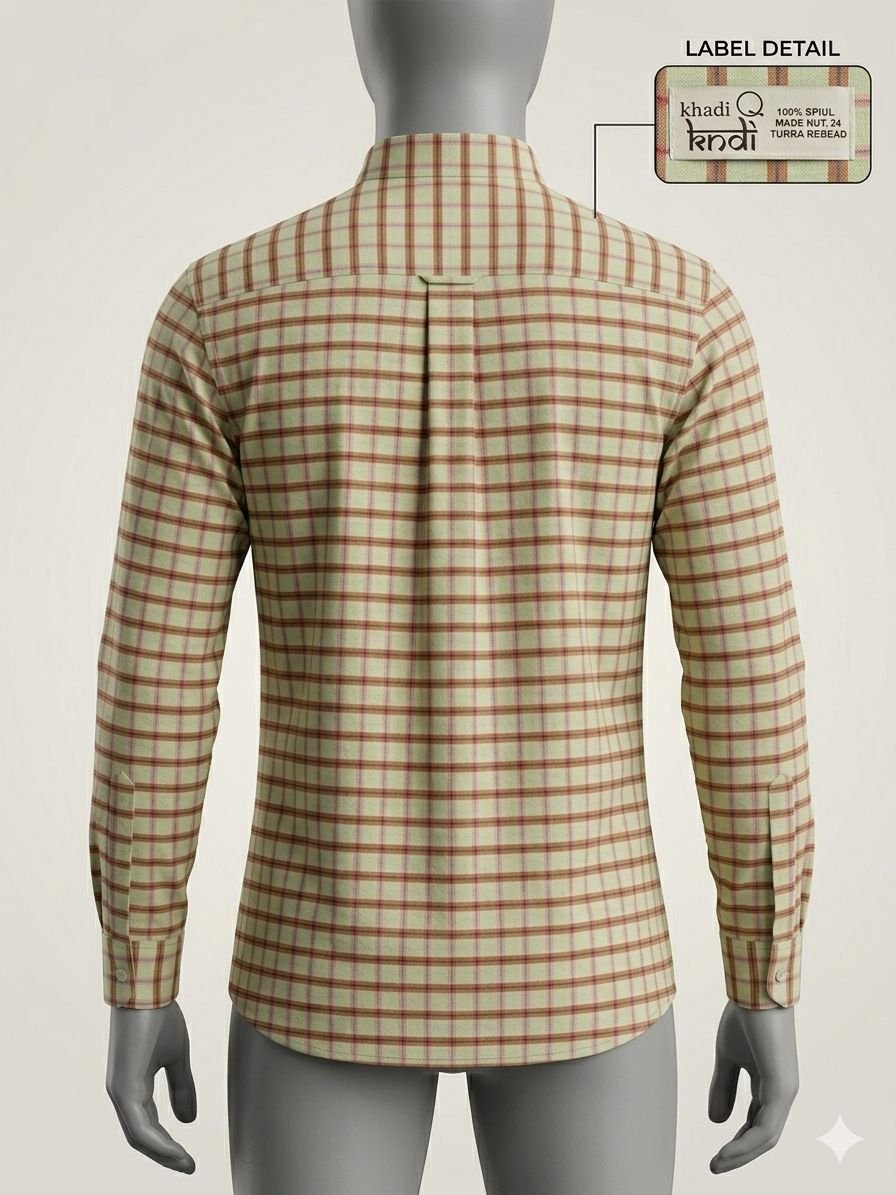 Khadi Bhawan Cotton Checked Shirt – Cream with Maroon & Olive Green Checks - Image 3