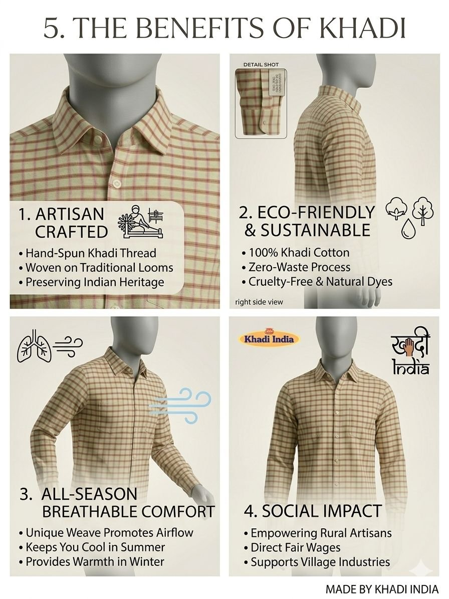 Khadi Bhawan Cotton Checked Shirt – Cream with Maroon & Olive Green Checks - Image 4