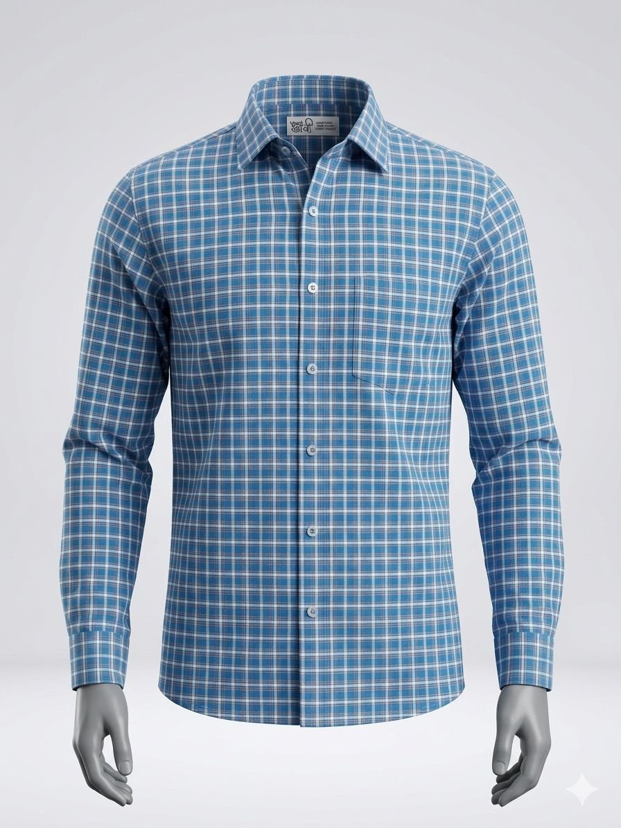 Khadi Bhawan Cotton Checked Shirt – Sky Blue with White Checks