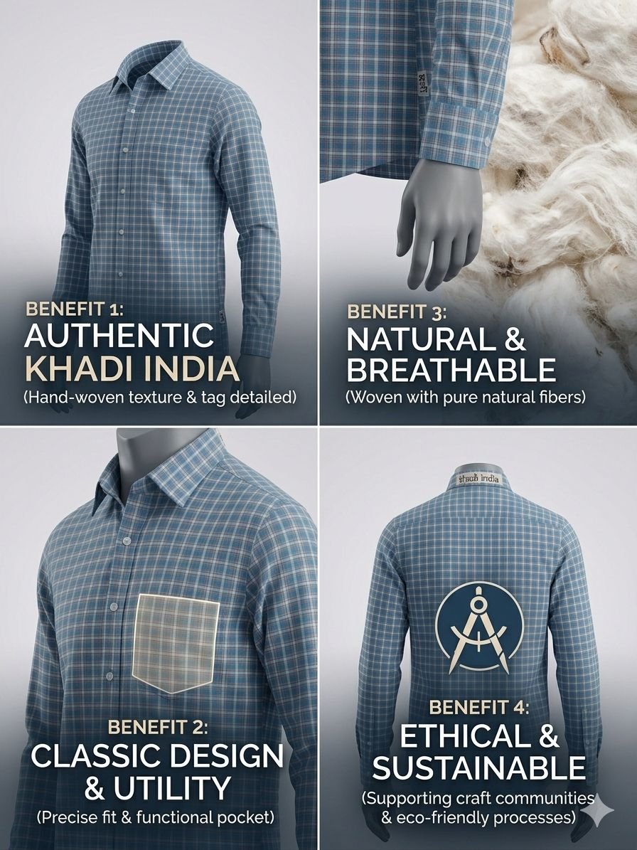 Khadi Bhawan Cotton Checked Shirt – Sky Blue with White Checks - Image 5