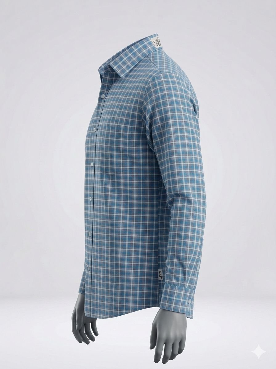Khadi Bhawan Cotton Checked Shirt – Sky Blue with White Checks - Image 2