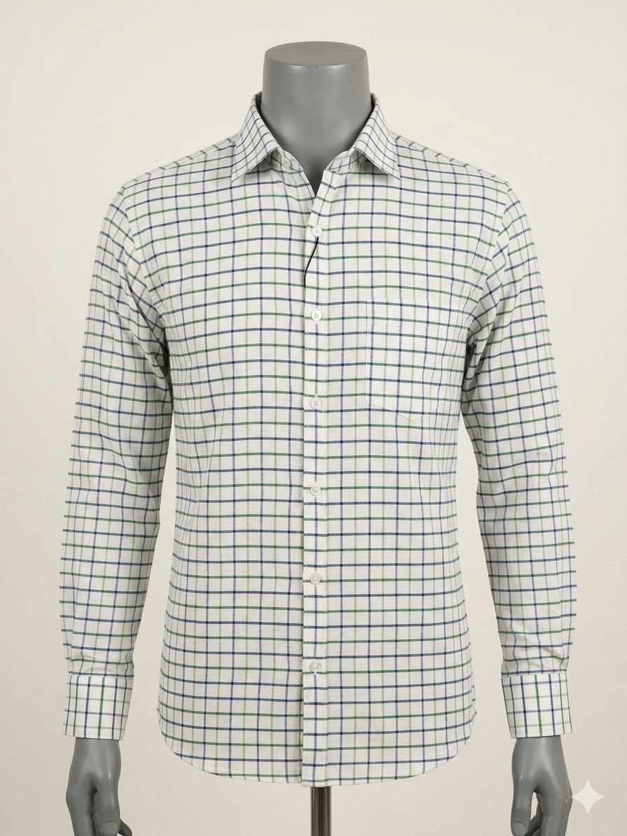 Khadi Bhawan Cotton Checked Shirt – White with Green & Navy Blue Checks