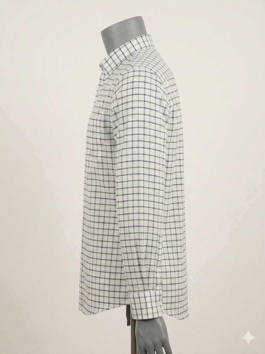 Khadi Bhawan Cotton Checked Shirt – White with Green & Navy Blue Checks - Image 3