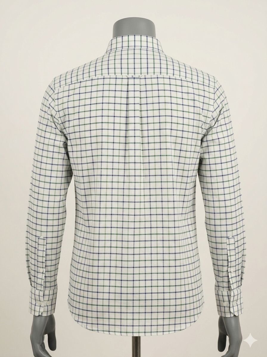 Khadi Bhawan Cotton Checked Shirt – White with Green & Navy Blue Checks - Image 4
