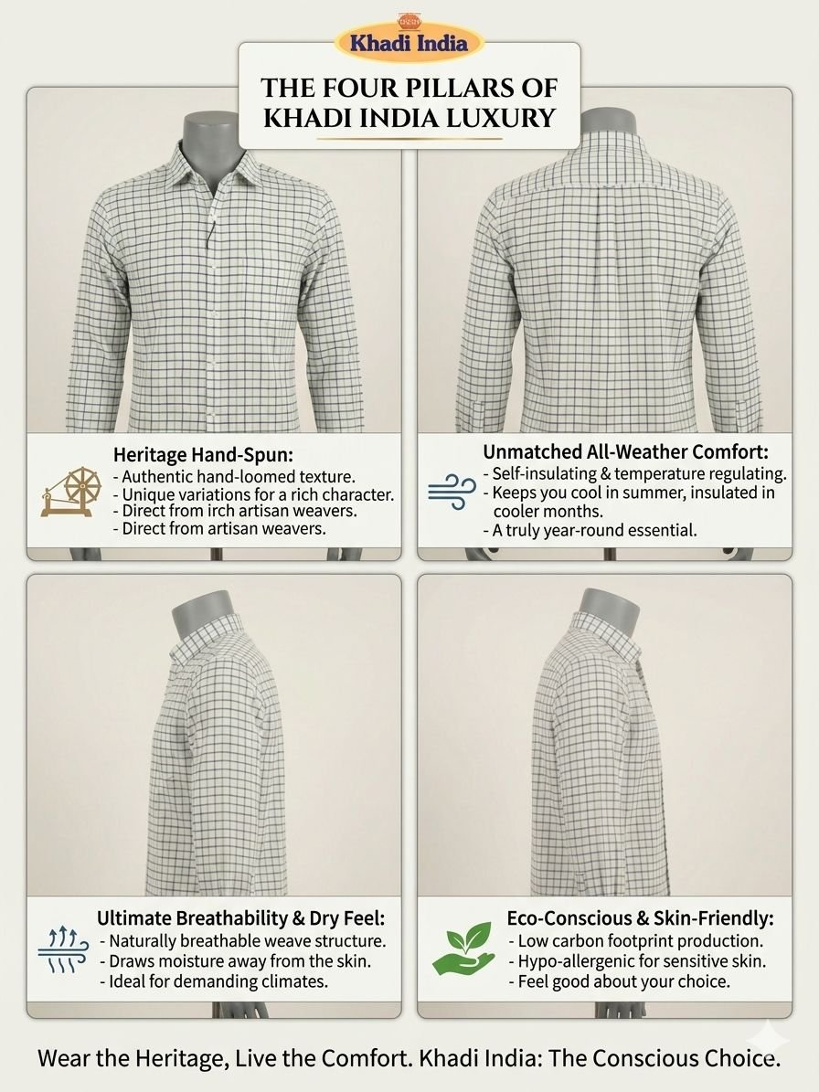 Khadi Bhawan Cotton Checked Shirt – White with Green & Navy Blue Checks - Image 5