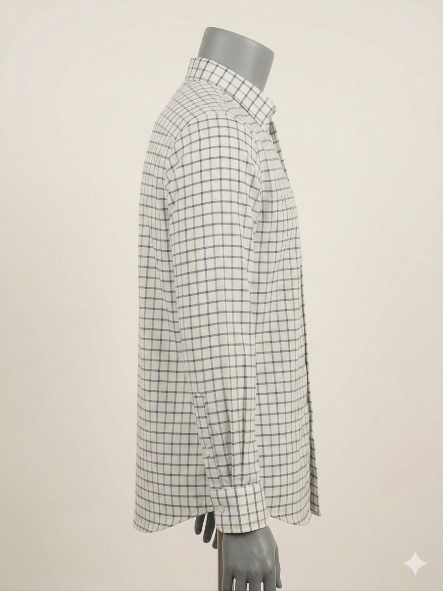 Khadi Bhawan Cotton Checked Shirt – White with Green & Navy Blue Checks - Image 2