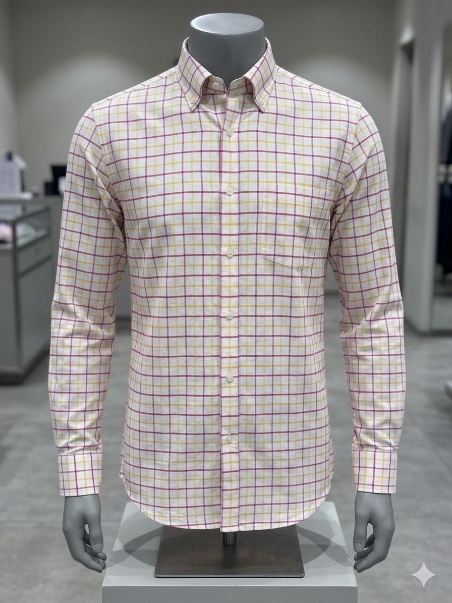 Khadi Bhawan Cotton Checked Shirt – White with Pink & Mustard Checks