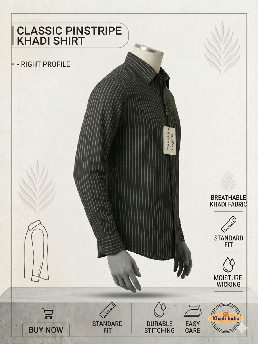 Khadi India Men's Cotton Pinstripe Shirt – Black with Grey Pinstripes - Image 3