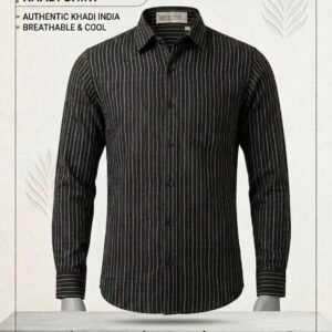 Khadi India Men's Cotton Pinstripe Shirt – Black with Grey Pinstripes