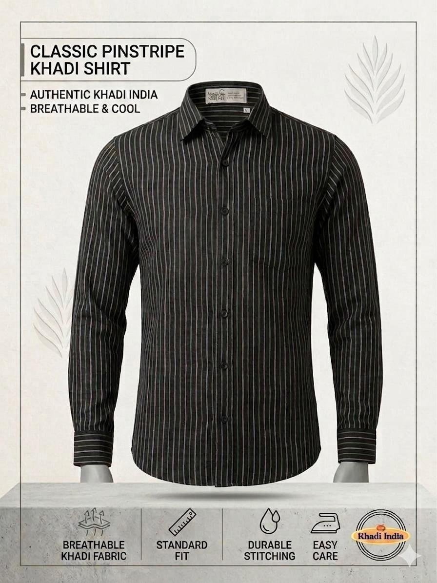 Khadi India Men's Cotton Pinstripe Shirt – Black with Grey Pinstripes