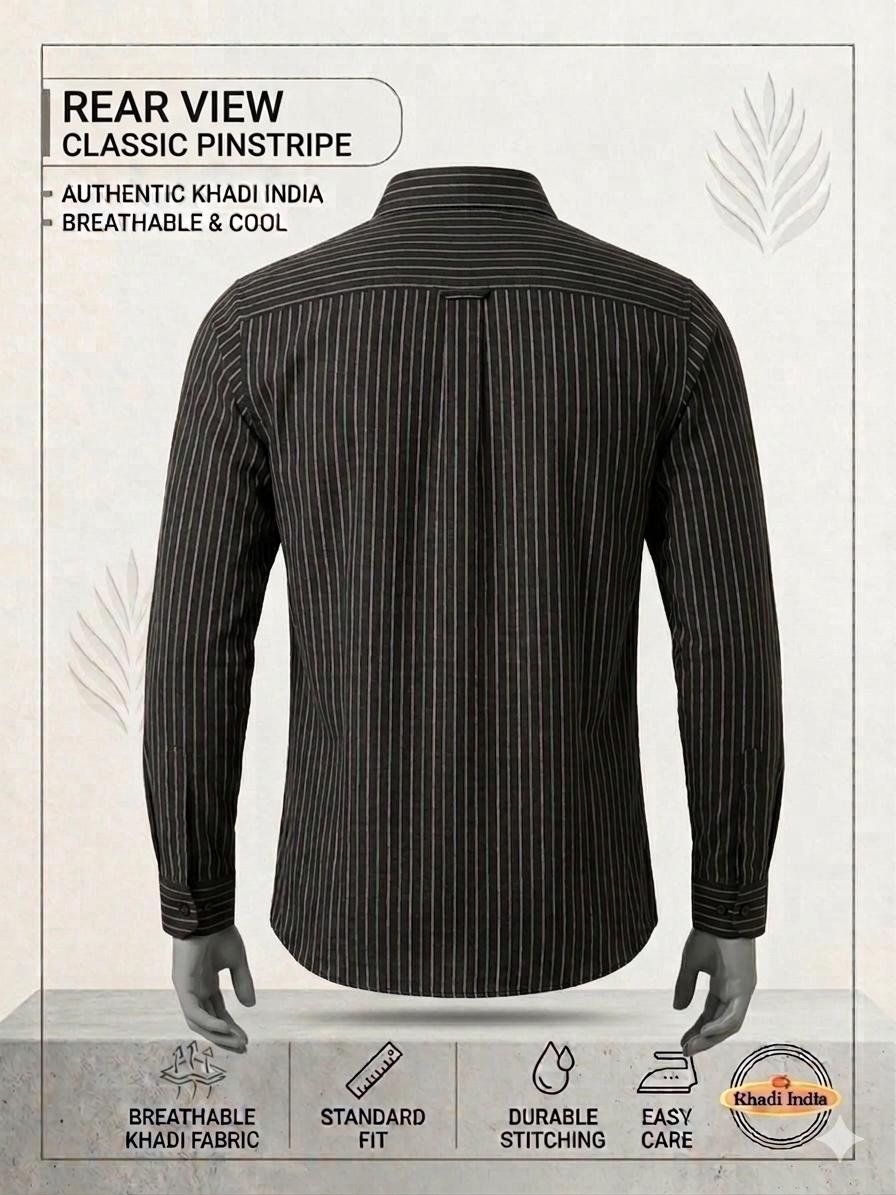 Khadi India Men's Cotton Pinstripe Shirt – Black with Grey Pinstripes - Image 2