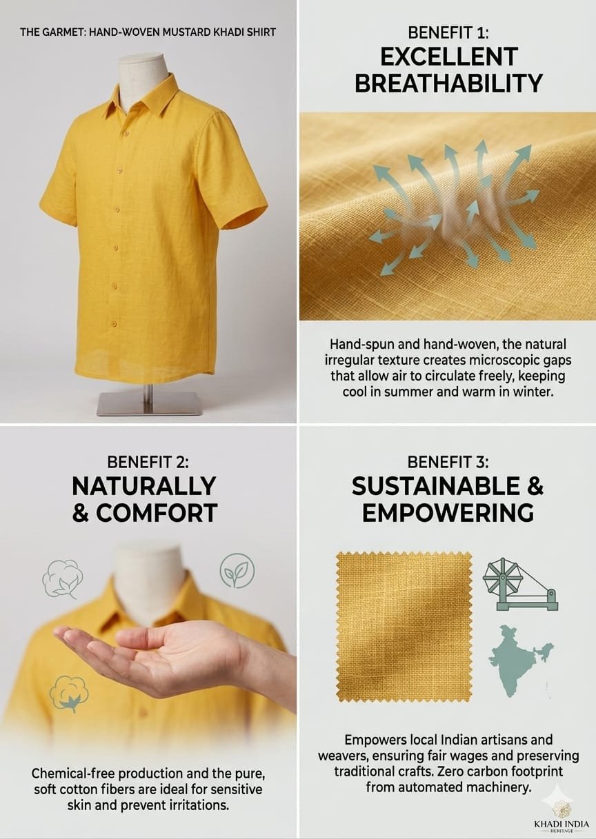 Men's Khadi Cotton Half Sleeve Shirt – Mustard Yellow - Image 4