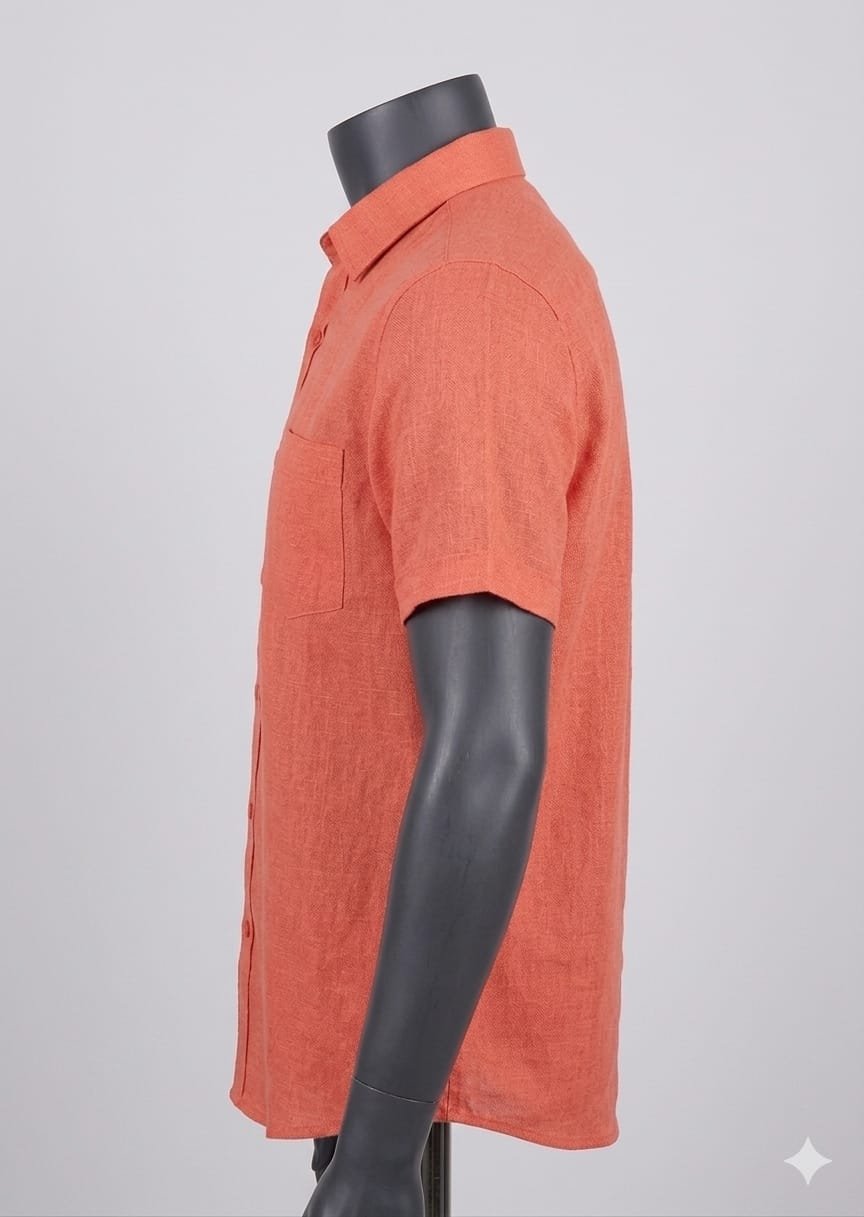 Men's Khadi Cotton Half Sleeve Shirt – Coral Orange - Image 2