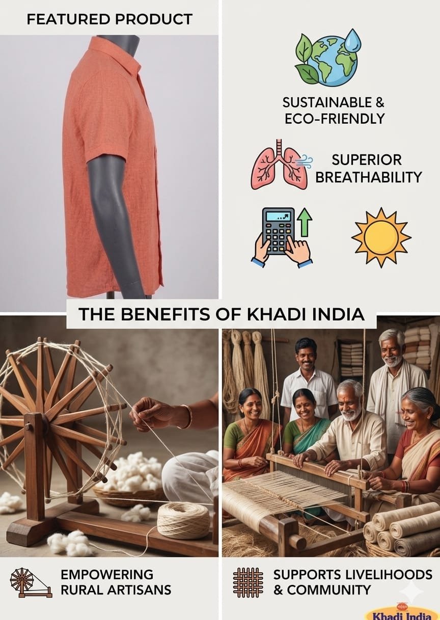 Men's Khadi Cotton Half Sleeve Shirt – Coral Orange - Image 4