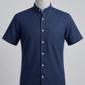 Men's Khadi Cotton Half Sleeve Mandarin Collar Shirt – Navy Blue