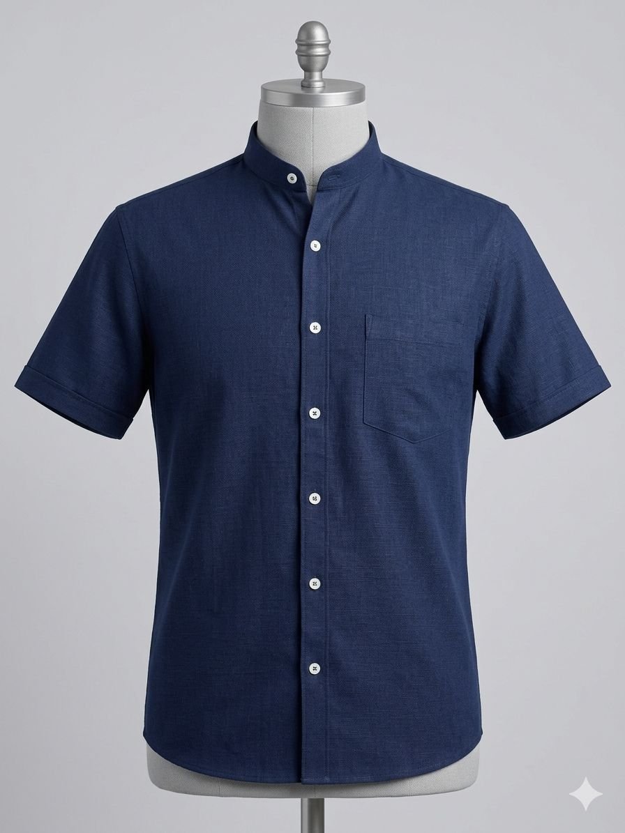 Men's Khadi Cotton Half Sleeve Mandarin Collar Shirt – Navy Blue