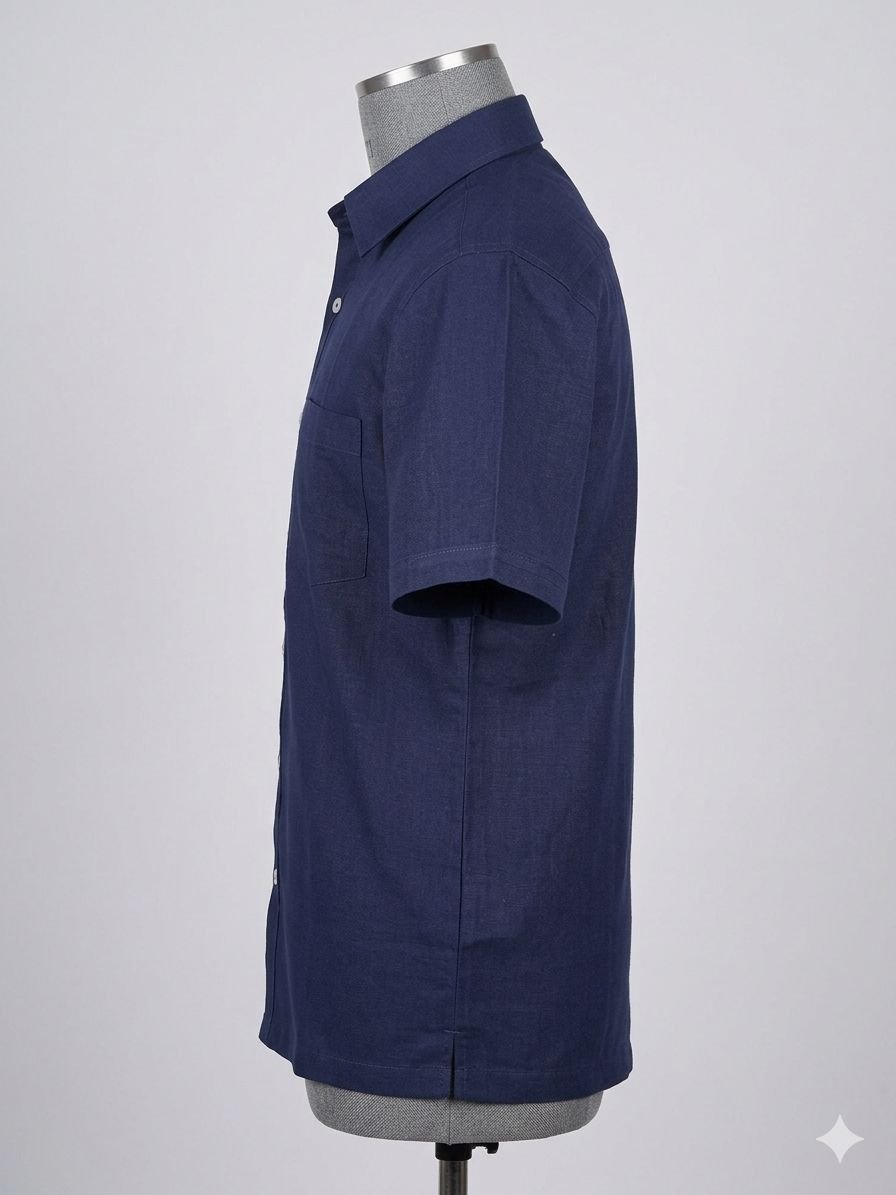 Men's Khadi Cotton Half Sleeve Mandarin Collar Shirt – Navy Blue - Image 3