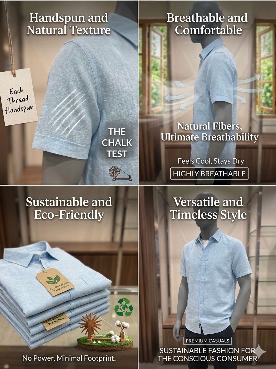 Men's Khadi Cotton Half Sleeve Shirt – Light Sky Blue - Image 4