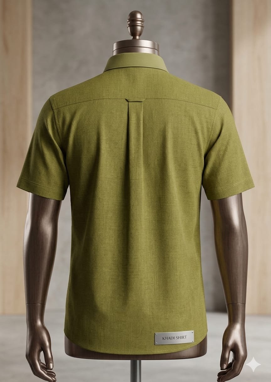 Men's Khadi Cotton Half Sleeve Shirt – Olive Green - Image 2