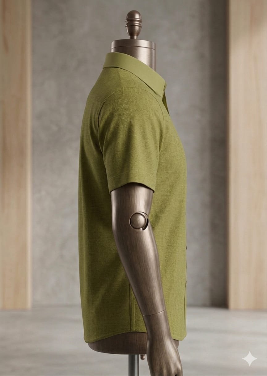 Men's Khadi Cotton Half Sleeve Shirt – Olive Green - Image 3