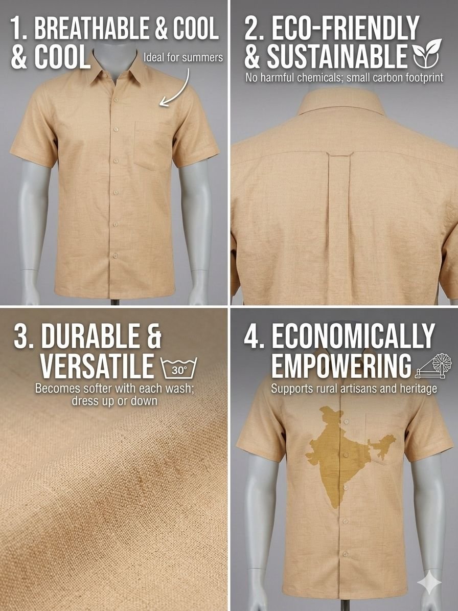 Men's Khadi Cotton Half Sleeve Shirt – Beige - Image 3
