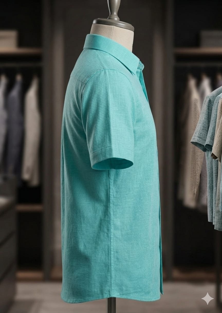 Men's Khadi Cotton Half Sleeve Shirt – Aqua Blue - Image 3