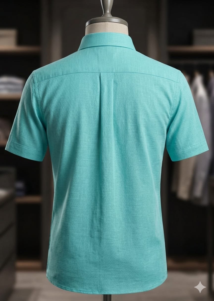 Men's Khadi Cotton Half Sleeve Shirt – Aqua Blue - Image 2