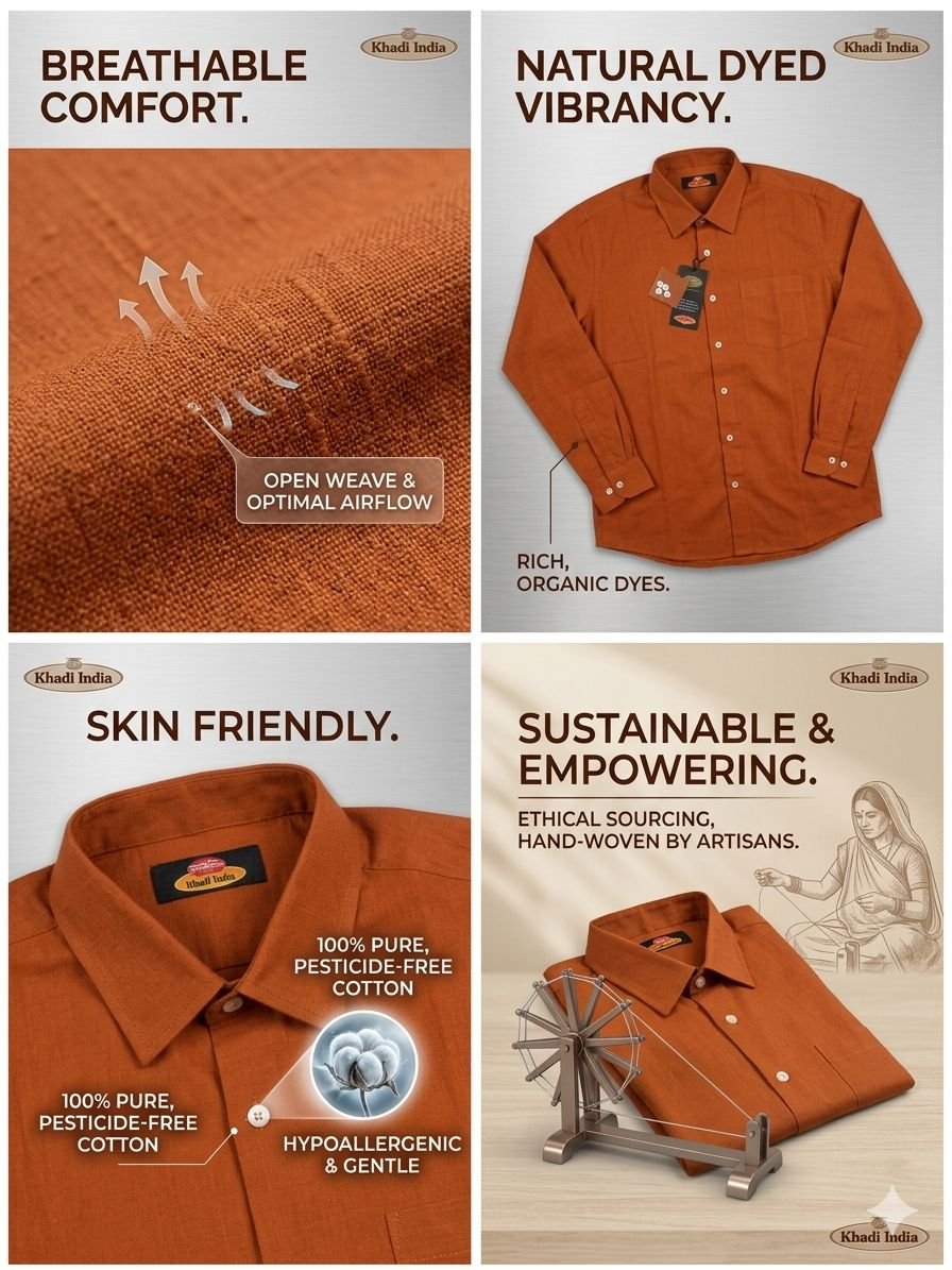 Men's Khadi Cotton Half Sleeve Shirt – Rust Brown - Image 4