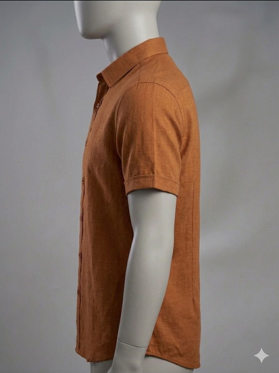 Men's Khadi Cotton Half Sleeve Shirt – Rust Brown - Image 3