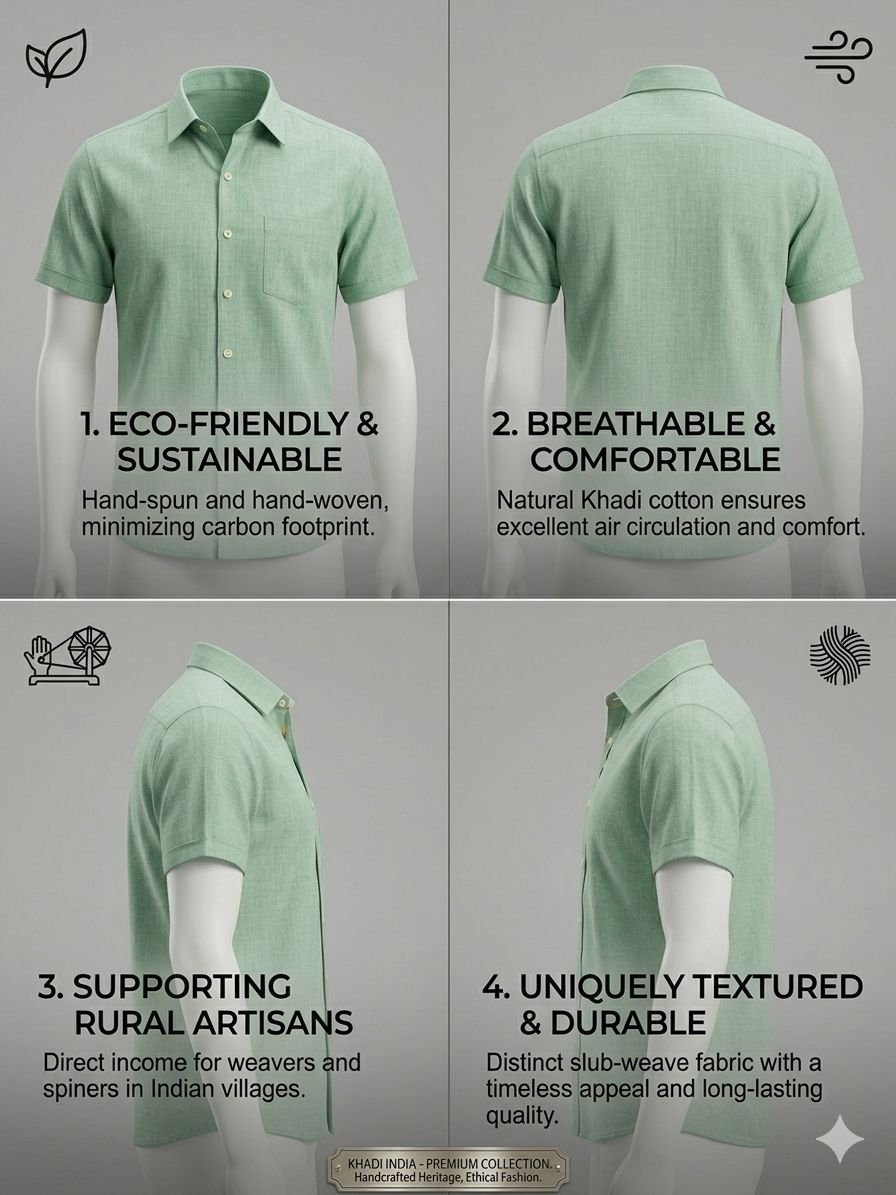 Men's Khadi Cotton Half Sleeve Shirt – Mint Green - Image 4