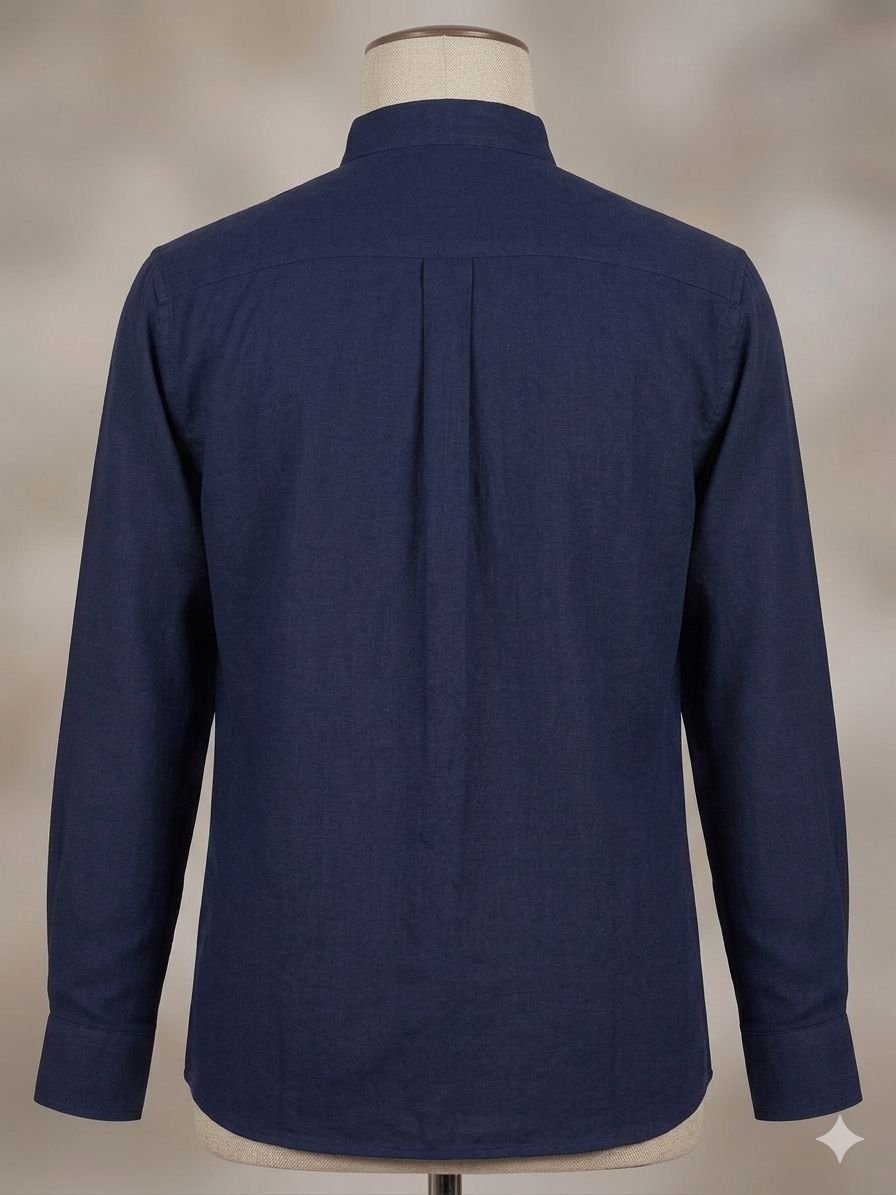 Men's Khadi Cotton Mandarin Collar Shirt – Navy Blue - Image 2