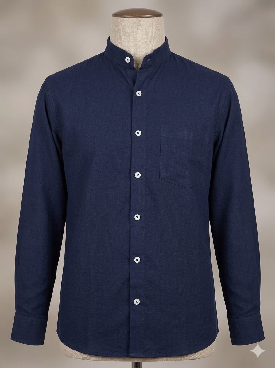 Men's Khadi Cotton Mandarin Collar Shirt – Navy Blue