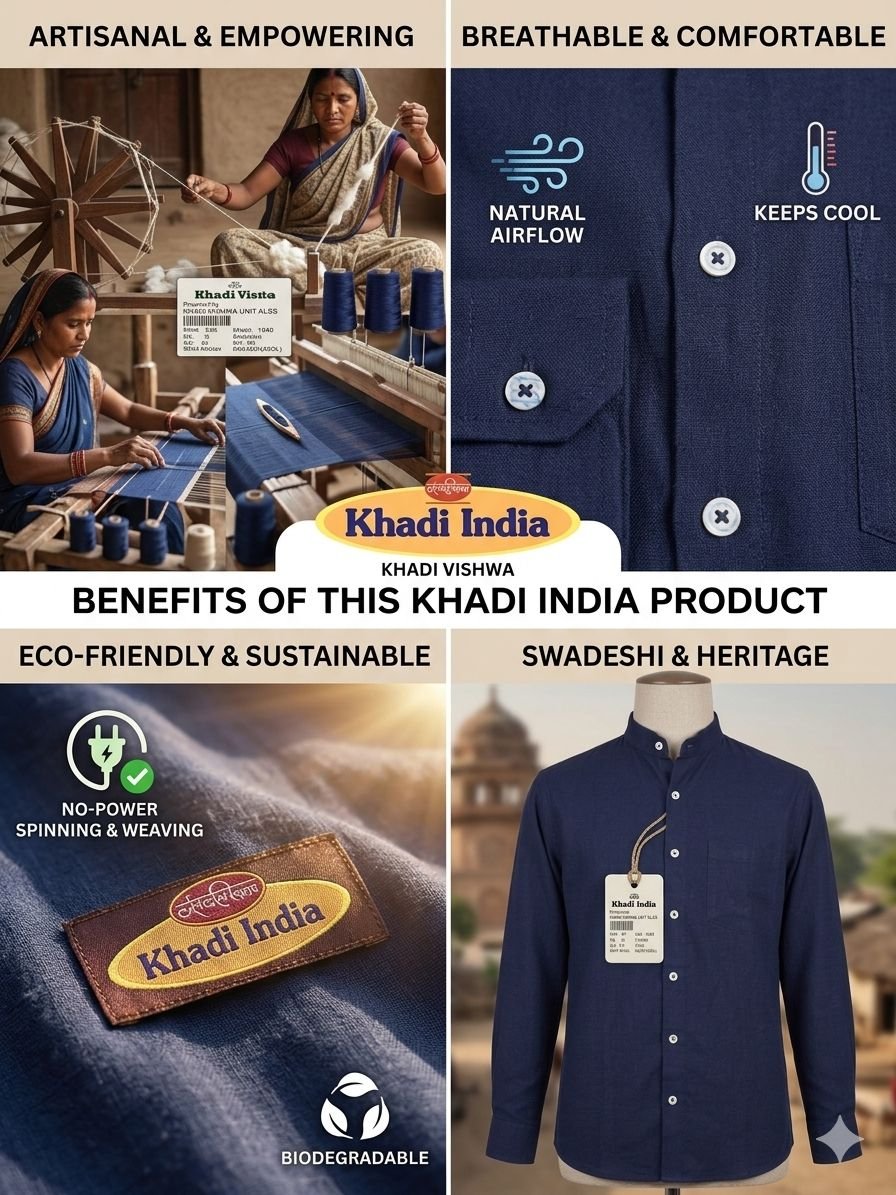 Men's Khadi Cotton Mandarin Collar Shirt – Navy Blue - Image 4