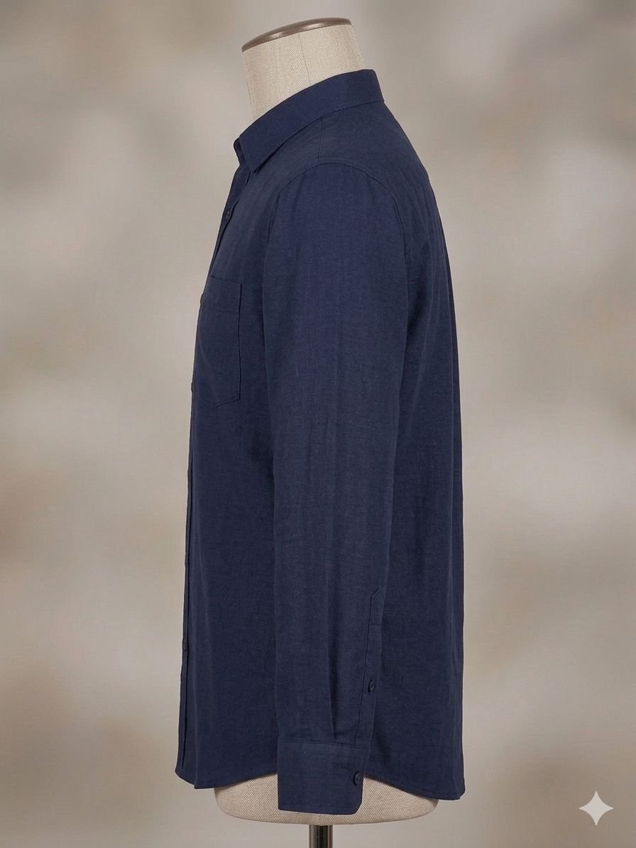 Men's Khadi Cotton Mandarin Collar Shirt – Navy Blue - Image 3