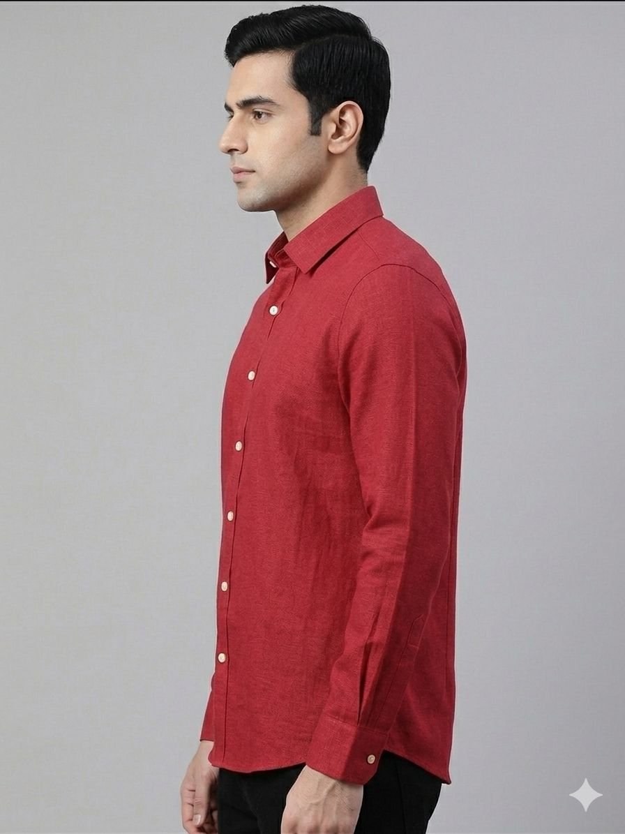 Men's Khadi Cotton Full Sleeve Shirt – Maroon Red - Image 3