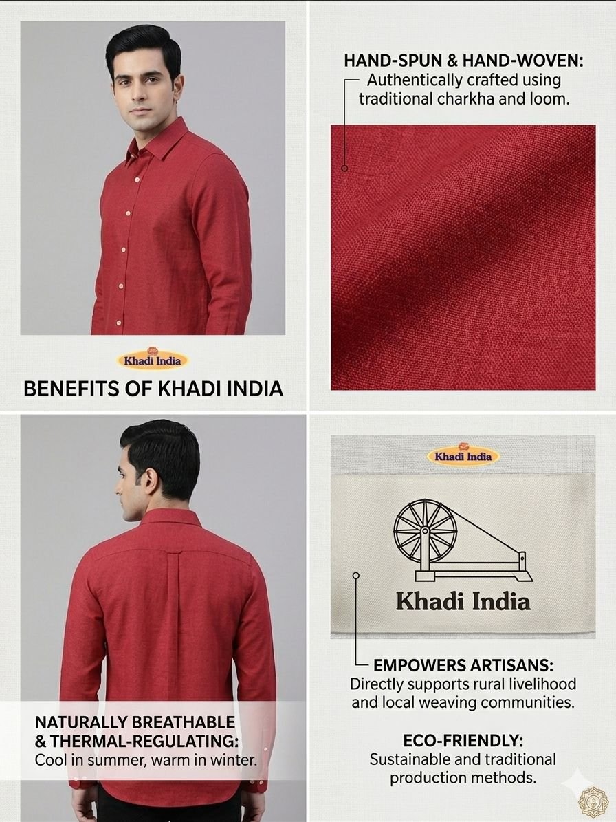 Men's Khadi Cotton Full Sleeve Shirt – Maroon Red - Image 4