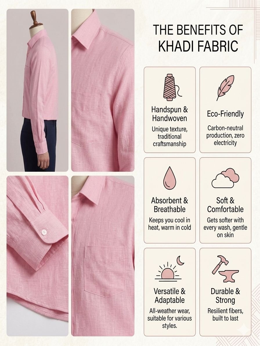 Men's Khadi Cotton Shirt – Baby Pink - Image 4