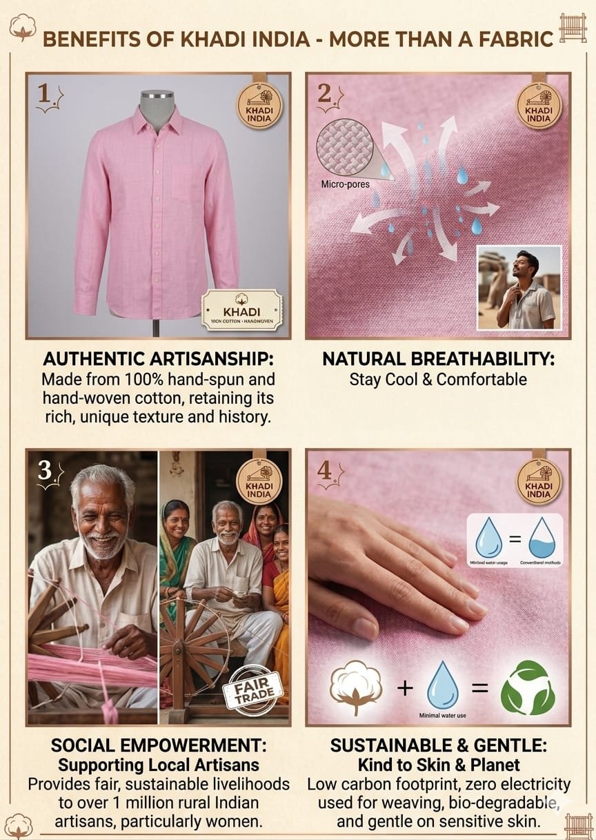 Men's Khadi Cotton Full Sleeve Shirt – Baby Pink - Image 4