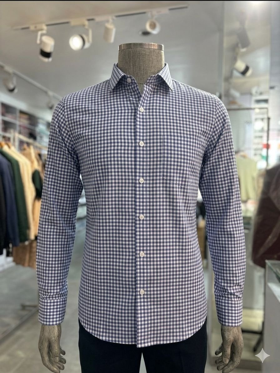 Men's Khadi Cotton Check Shirt – Navy Blue & White Checks